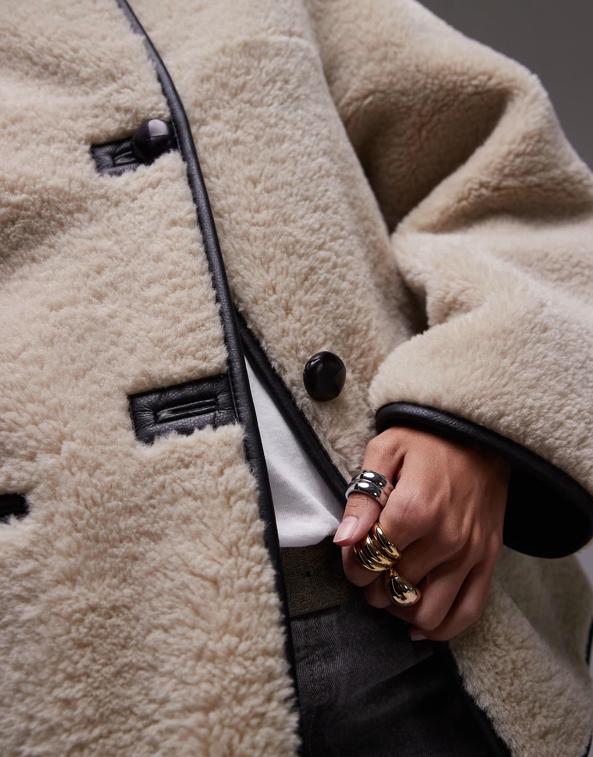 Mango contrast detail collarless shearling jacket in ecru | ASOS (Global)