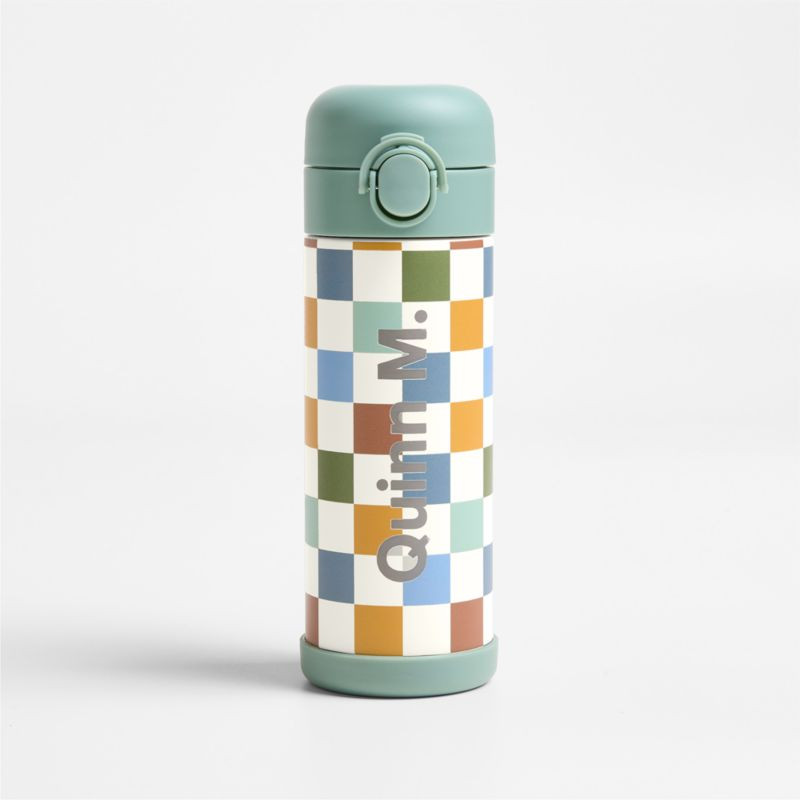 Green and Yellow Checkerboard Insulated Stainless Steel Kids Water Bottle with Straw and Leak-Pro... | Crate & Barrel
