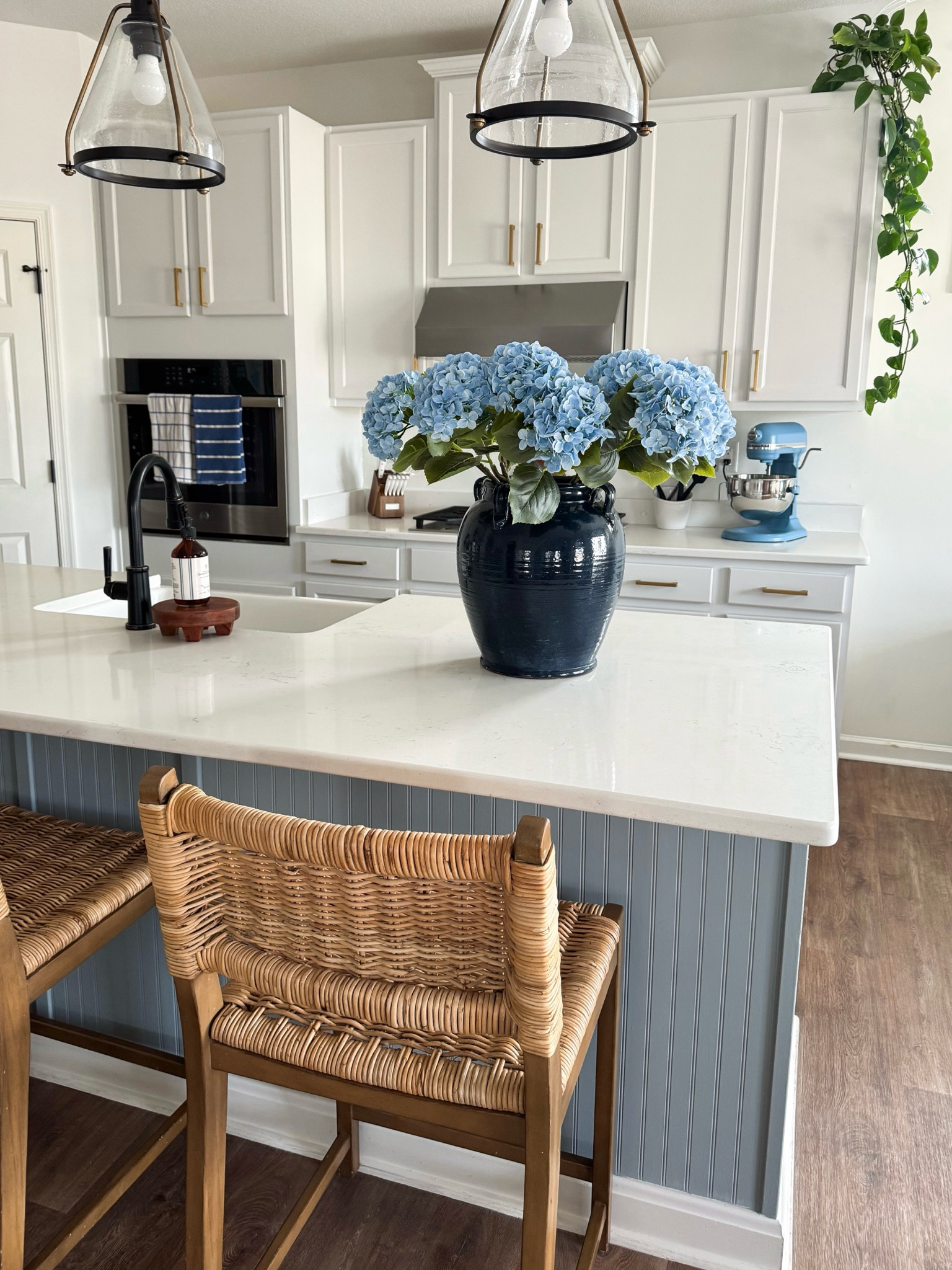 Real feel Hydrangea blue stems $6.99 /  coastal kitchen / coasts kitchen decor / blue vase kitchen island decor / kitchen decor / pottery barn kitchen island / blue coastal home decor / blue kitchen / rattan counter stools/ coastal counter stools 

#LTKSeasonal #LTKSaleAlert #LTKHome