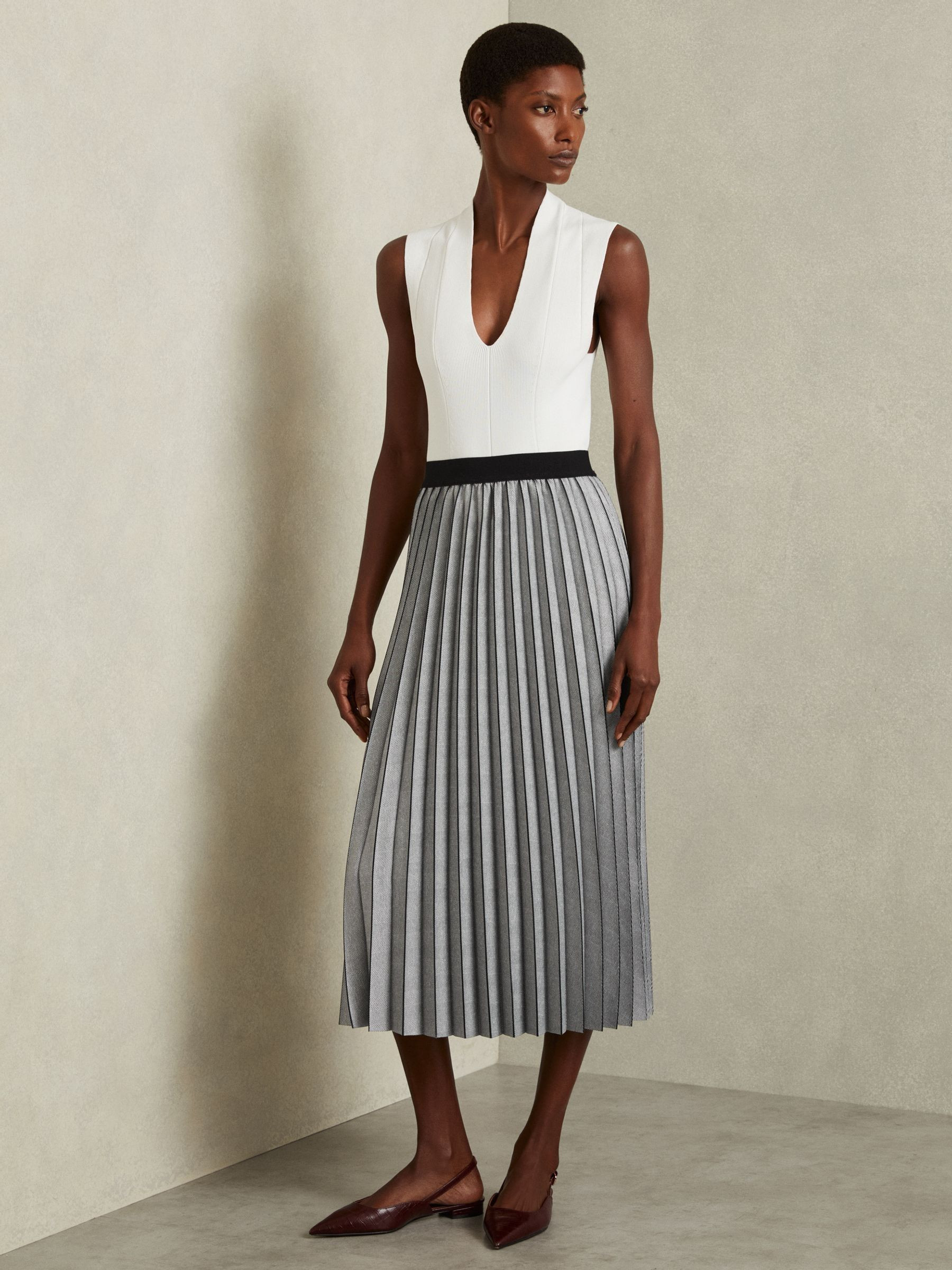 Reiss Checked Pleated Midi Skirt in Grey | REISS | Reiss US