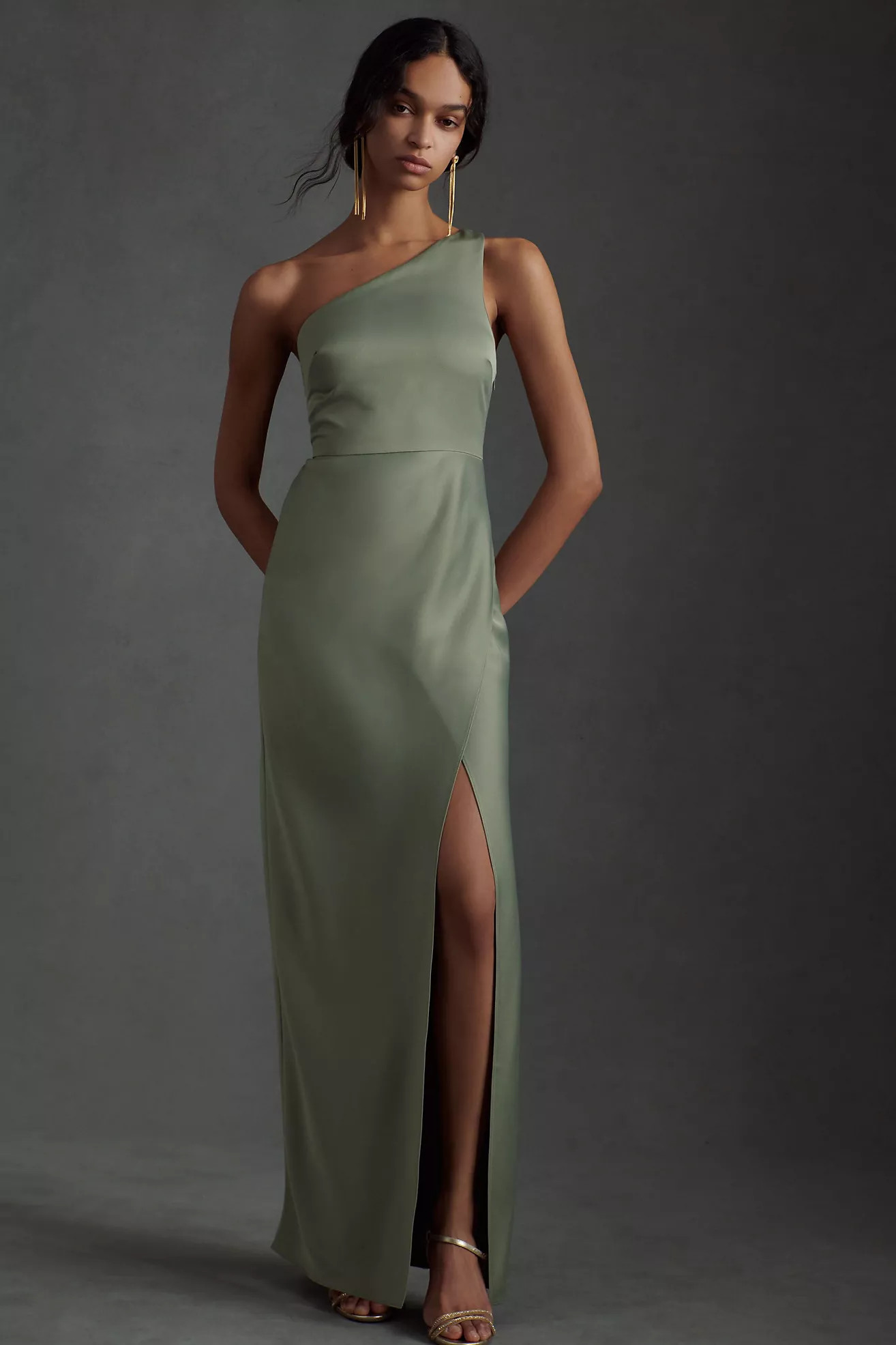 BHLDN Dylan One-Shoulder Satin Side-Slit Gown | Anthropologie (US)