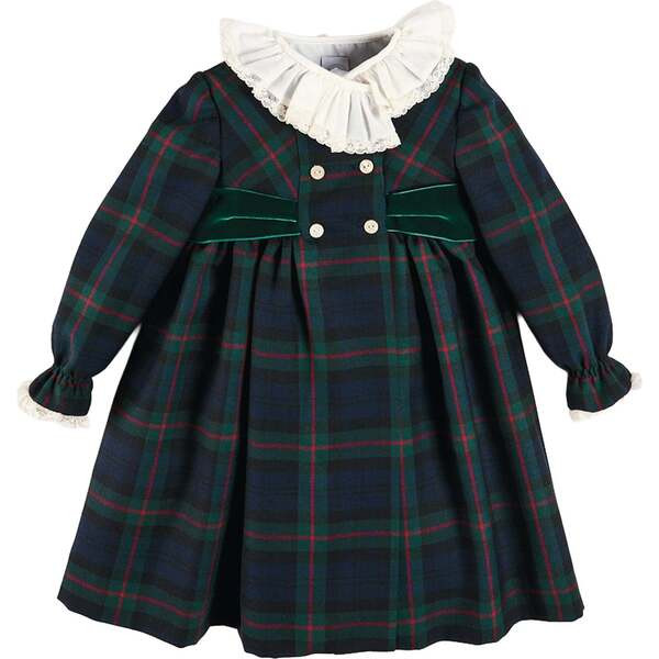 Kinnerton Tartan Hand Smocked Double Breasted Velvet Bow Dress, Green | Maisonette