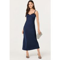 ASTR the Label | Nevaeh Satin Lace Trim Midi Dress in Navy | Size S | ASTR The Label (US)