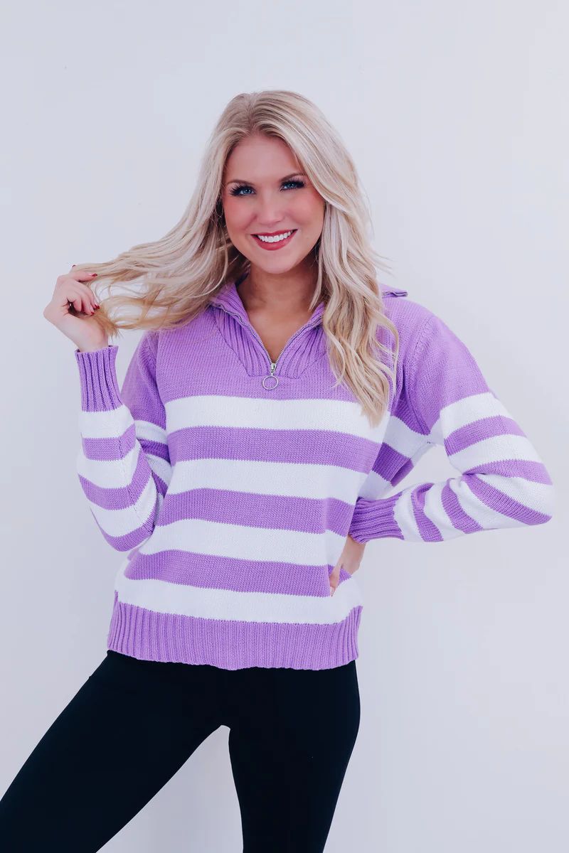 Spunky Striped Zip Neck Pullover - Purple | Whiskey Darling Boutique