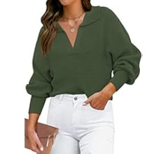 ZESICA Women's 2023 Fall Lapel Collar V Neck Long Sleeve Ribbed Knit Comfy Loose Casual Pullover ... | Amazon (US)