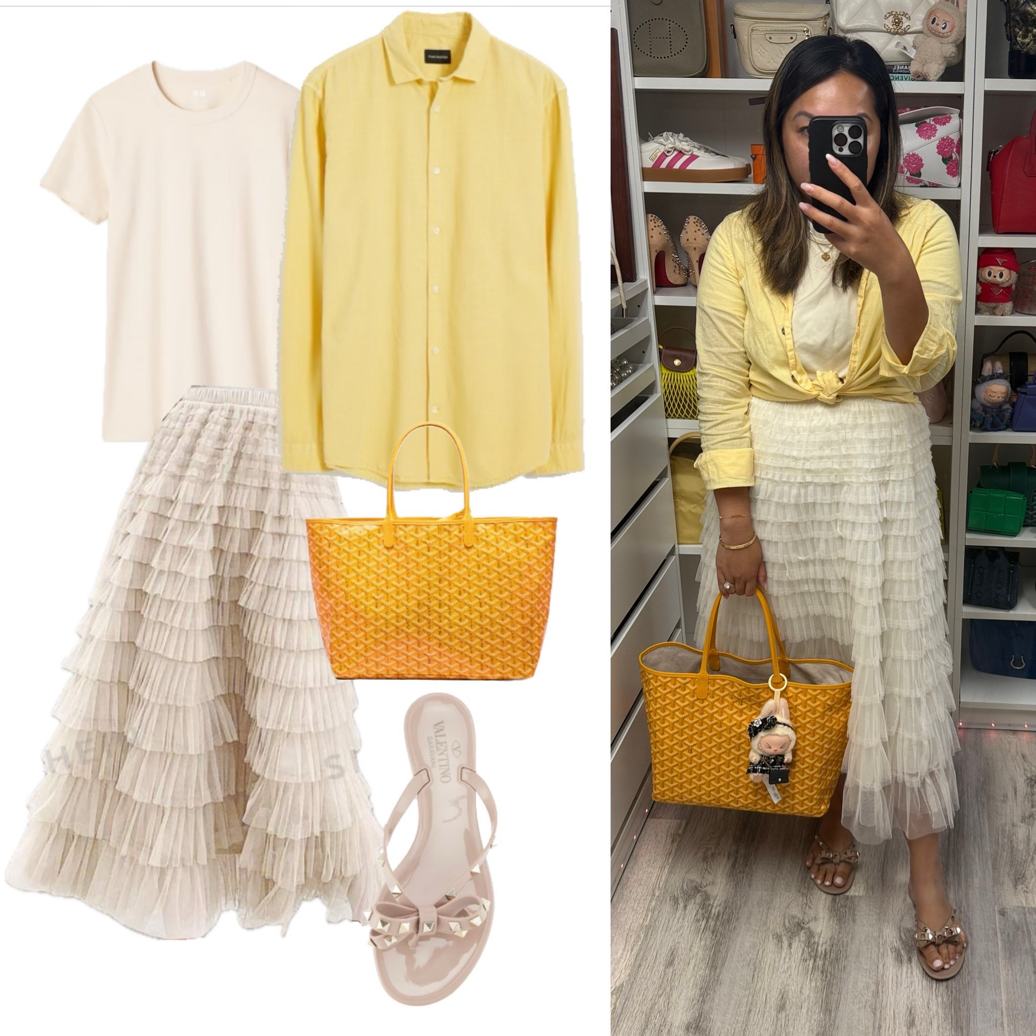 Shirt 👚- Uniqlo 
Skirt - SHEIN 
Top - primark 
Goyard tote 
Valentino sandals 🩴 

#LTKShoeCrush #LTKStyleTip #LTKItBag