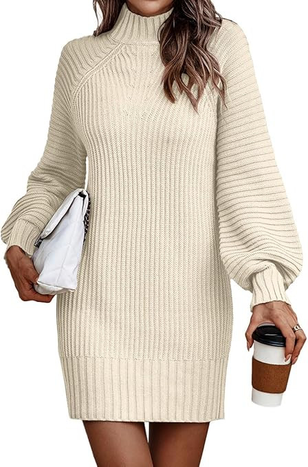 LILLUSORY Women's Mock Neck Pullover Sweater Dress Lantern Sleeve Ribbed Knit Tunic Sweater | Amazon (US)