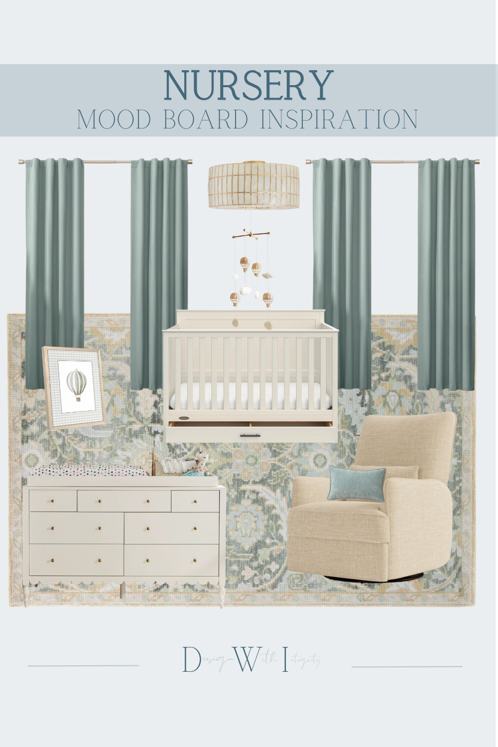 This nursery mood board blends calming blue green tones with soft neutrals and warm textures to create a space that feels peaceful and timeless. The painted crib and coordinating dresser establish a classic foundation, while tailored drapery and a vintage inspired rug introduce depth and softness. A cozy swivel glider and layered lighting add both comfort and functionality for everyday moments. Every element was selected to create a nursery that feels serene, welcoming, and thoughtfully designed. Tap through to shop the curated nursery furniture, lighting, and decor selections.

#nurseryinspiration
#nurserydesign
#neutralnursery
#nurserydecor
#babyroomdesign

nursery mood board
blue green nursery
neutral nursery design
painted crib
nursery dresser
nursery glider
nursery lighting
baby room decor 

 #LTKHome