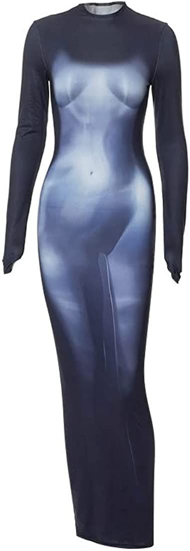 Y2K 3D Body Print Maxi Dress Women Aesthetic Long Sleeve Unique Sexy Body-Shaping Robe Party Club... | Amazon (US)