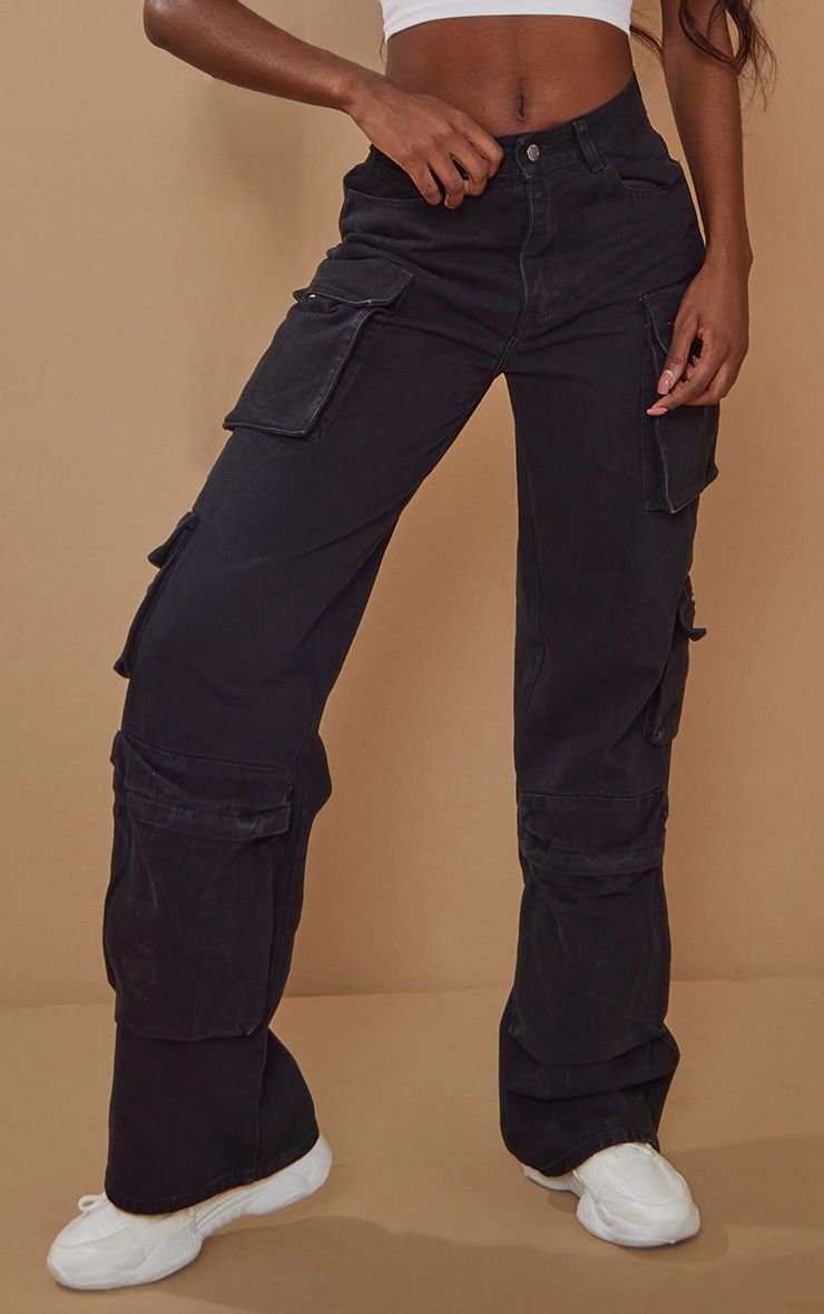 Tall Black Cargo Pocket Detail Wide Leg Jeans | PrettyLittleThing US