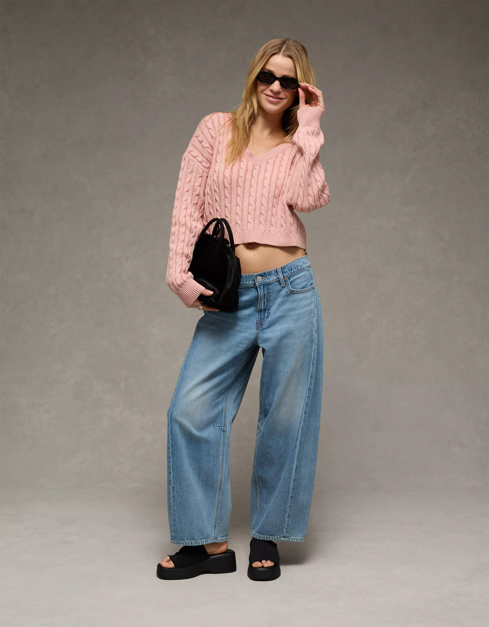 AE Cropped Cable Knit V-Neck Sweater | American Eagle Outfitters (US & CA)