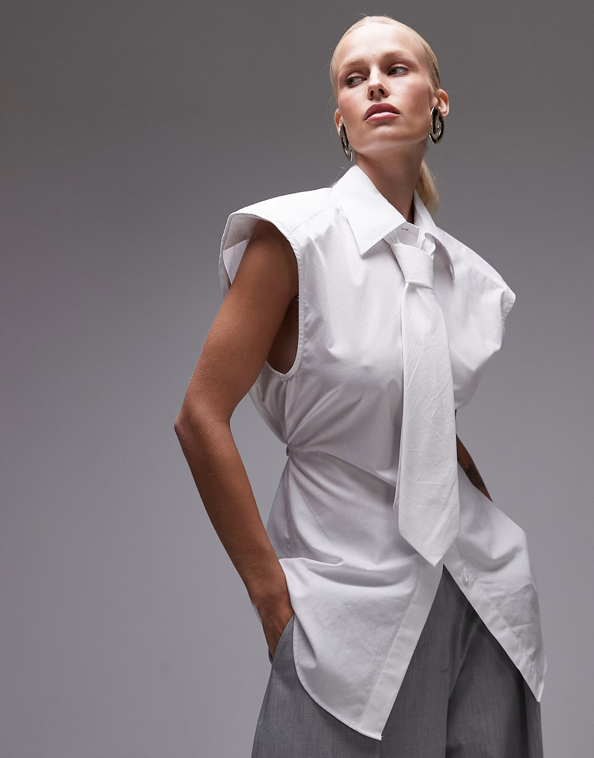 ASOS DESIGN shoulder pad sleeveless shirt with tie | ASOS | ASOS (Global)