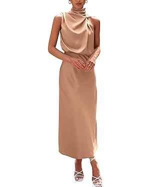 PRETTYGARDEN Women's 2024 Summer Satin Dress Elegant Sleeveless Mock Neck Cocktail Party Maxi Dre... | Amazon (US)