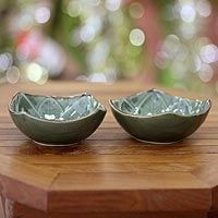 Ceramic bowls, 'Betel Leaf' (pair) (Indonesia) | Novica