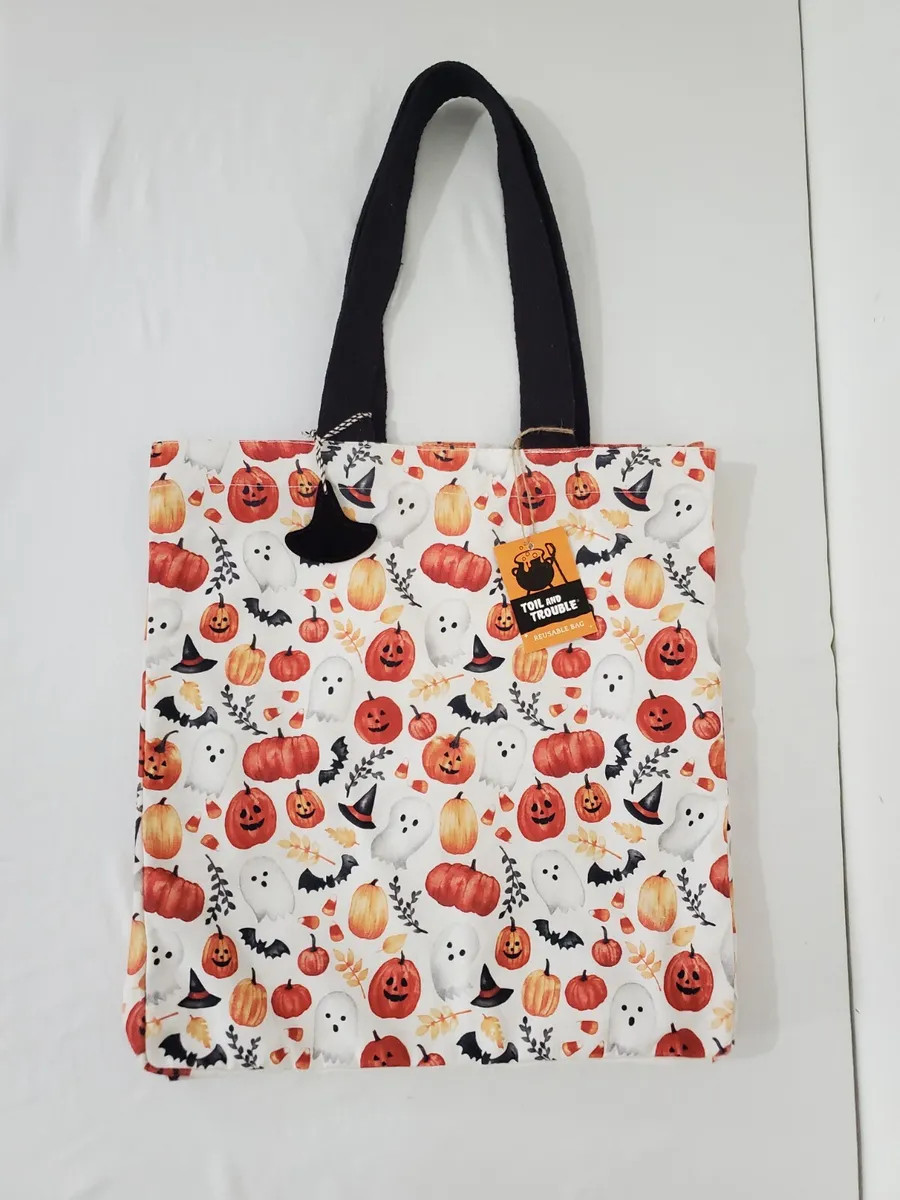 Canvas Reusable Halloween Tote Bag Toil &amp; Trouble Pumpkin Bat Ghost Candy Corn   | eBay | eBay US