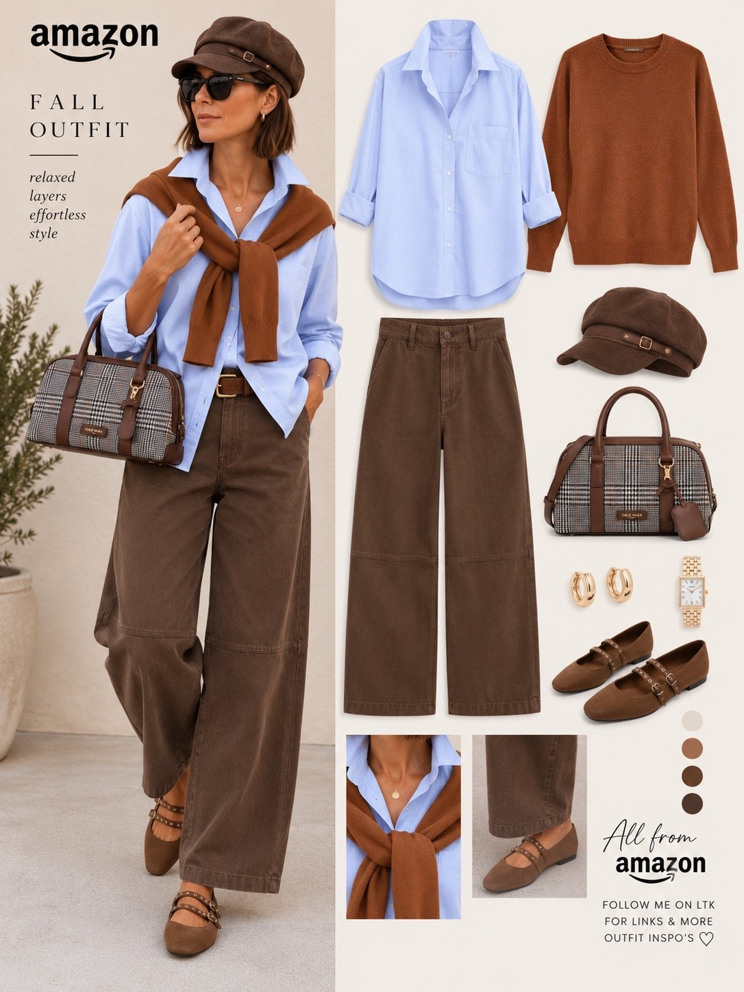 The faux suede barrel pants are what make this outfit for me. I love the rich chocolate brown, the relaxed silhouette, and the texture they bring to an otherwise simple look. Paired with an oversized blue Oxford, a rust-colored sweater draped over the shoulders, and a little plaid, it feels casual without losing that polished touch.
A little menswear influence, a little feminine detail, and plenty of personality. All from Amazon!