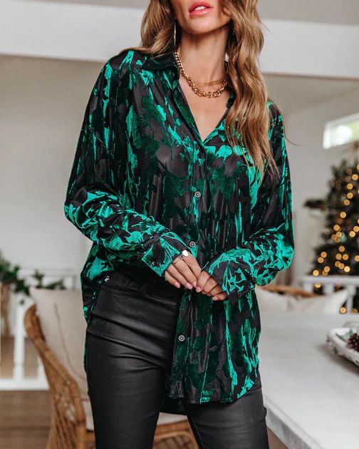 Tracy Burnout Velvet Button Down Top - Green | VICI Collection