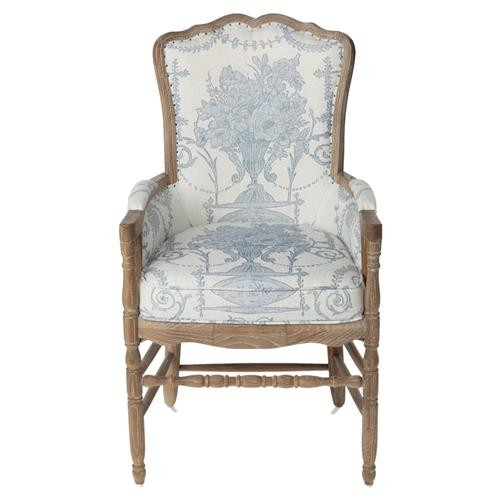 Julia French Country Blue Upholstered Brown Oak Wood Nailhead Arm Chair | Kathy Kuo Home