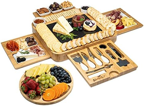SMIRLY Bamboo Cheese Board and Knife Set: Extra Large Charcuterie Board Set & Accessories, Unique... | Amazon (US)