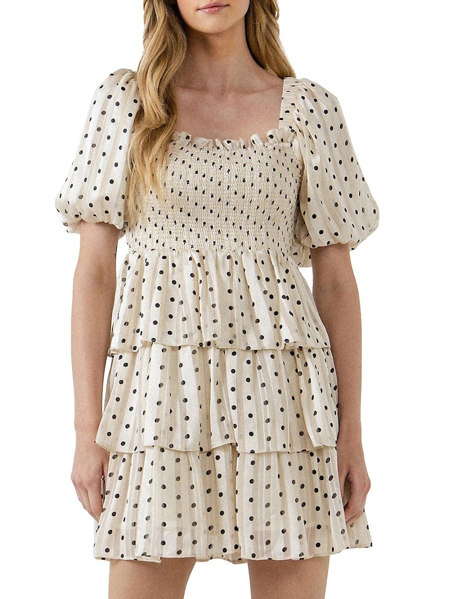 English Factory Women's Polka Dot Smocked Ruffle Mini Dress - Cream - Size S | Saks Fifth Avenue OFF 5TH