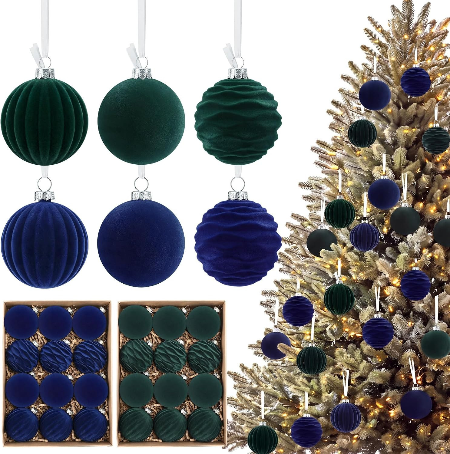 Junkin 24 Pcs Velvet Christmas Balls Ornaments, Blue Green | Amazon (US)