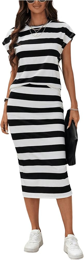 OYOANGLE Women's 2 Piece Outfits Striped Print Crew Neck Cap Sleeve Shirts and Midi Skirt Sets | Amazon (US)