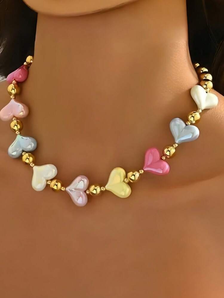 1pc Cute Candy Color Beaded Heart Necklace For Women | SHEIN