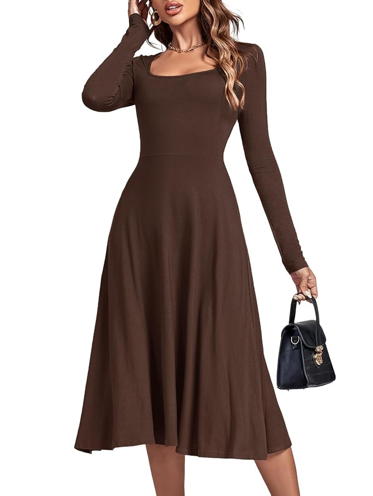 LYANER Women's Square Neck Long Sleeve Empire Waist A Line Flare Solid Midi Dress | Amazon (US)