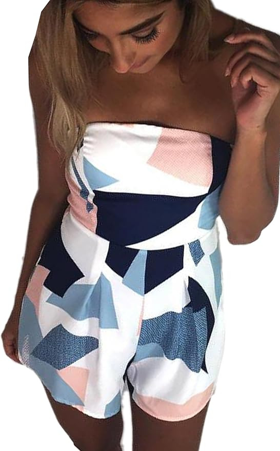 ECOWISH Women Off Shoulder Romper Strapless Floral Print Striped Beach Shorts Jumpsuit | Amazon (US)