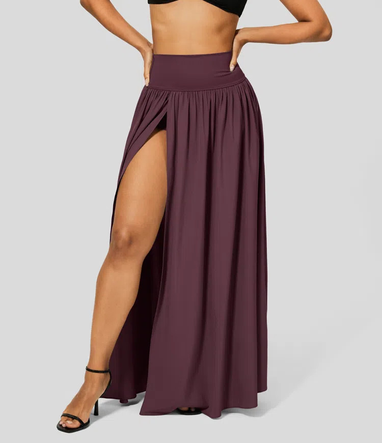 Breezeful™ High Waisted Plicated Split 2-in-1 Flowy Quick Dry Maxi Casual Skirt | HALARA