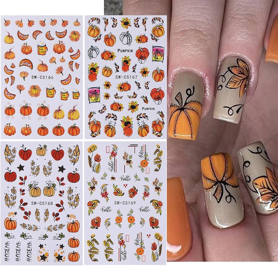 Halloween Fall Nail Art Stickers - 8 Sheets 3D Self-Adhesive Pumpkin Leaf Floral Designs Water De... | Amazon (US)