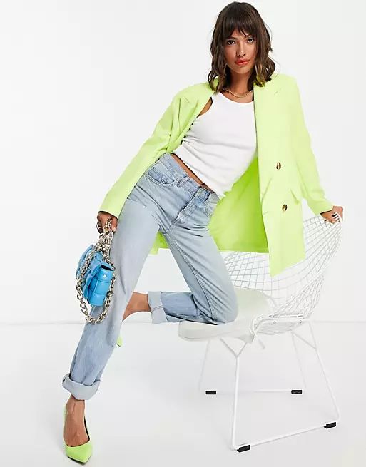 Topshop - Double-breasted blazer met brede schouders in neongeel | ASOS (Global)