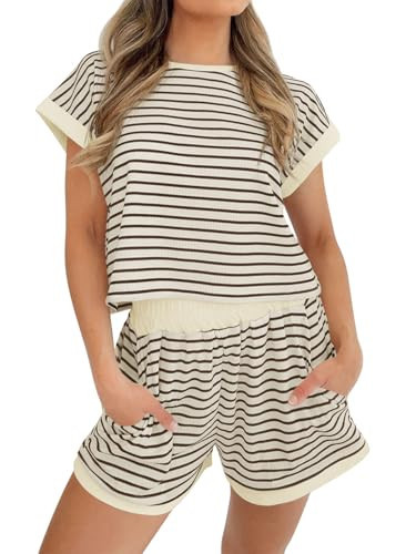 Tankaneo Womens Summer 2 Piece Sets Striped Short Sleeve T Shirts and Shorts Loungewear Matching Set Coffee | Amazon (US)