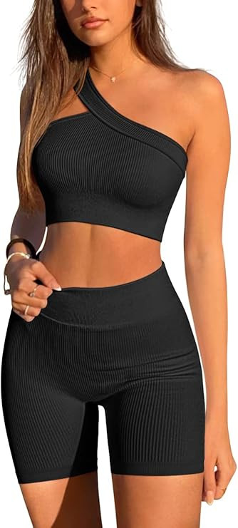 LNSK Workout Sets for Women 2 Piece Seamless Sexy Ribbed Outfits Gym Yoga Shorts Running Set | Amazon (US)