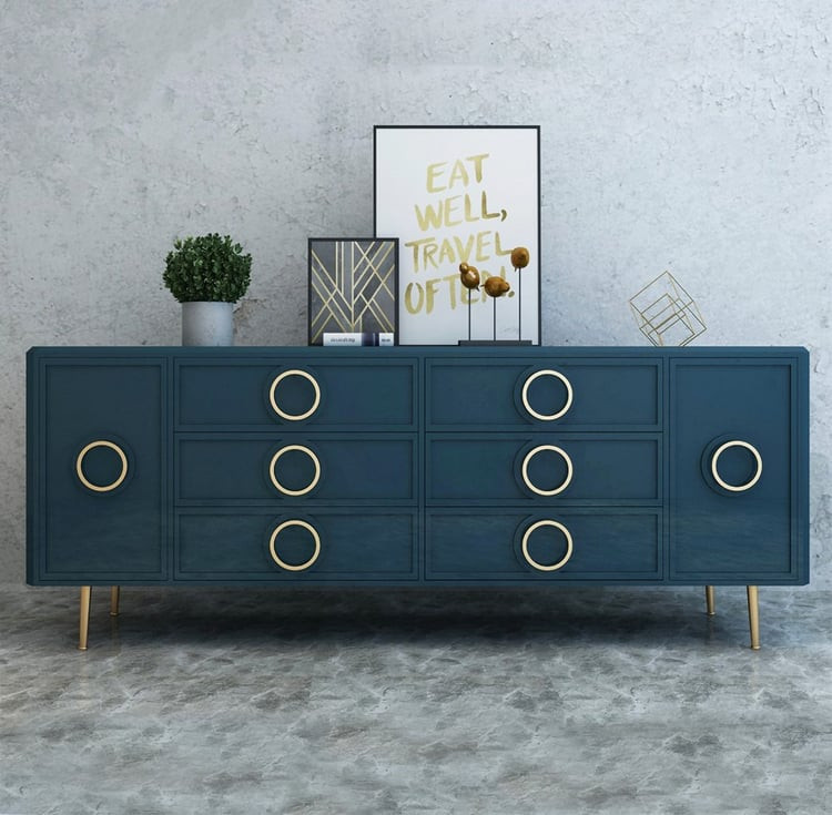 Rindix Blue Sideboard Cabinet Gold Credenza Drawers & 2 Doors 63'' Mid-Century in Large | Homary