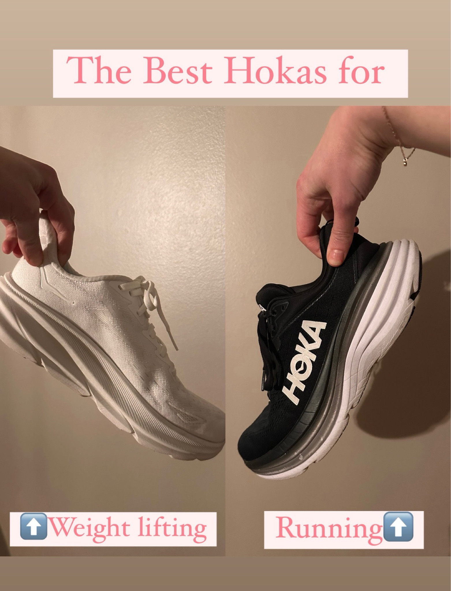 WHICH HOKAS ARE BEST FOR WHICH EXERCISE?

For LIFTING, I like the Hoka Clifton 9’s
For RUNNING, I like the Hoka Bondi 8’s

I bought my true size 8 in each!

#LTKfitness #LTKshoecrush