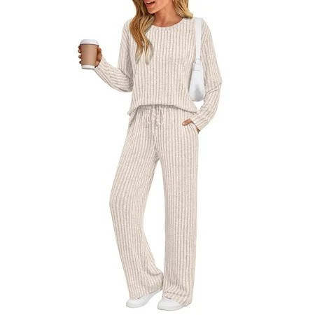 SUNBS Two Piece Lounge Sets for Women Pajamas Set Wide Leg Pants Ribbed Knit Winter Matching 2 Piece Outfits Trendy Clothes | Walmart (US)