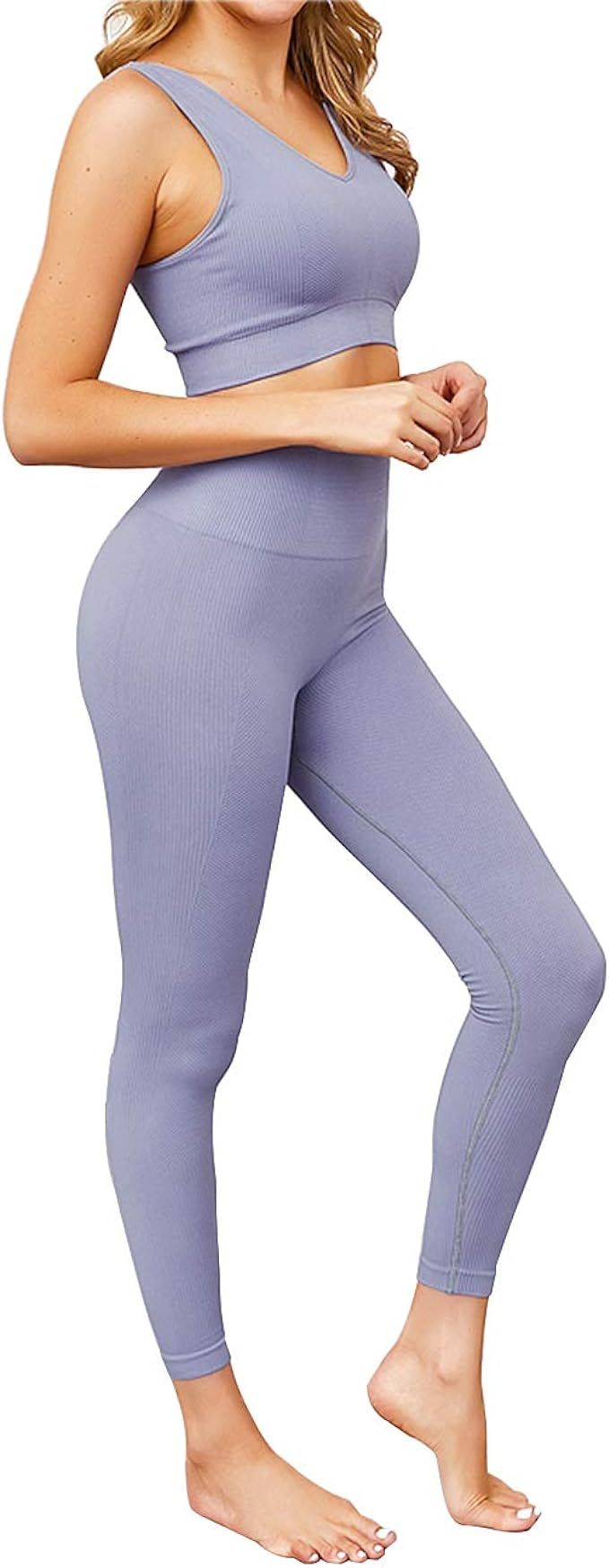 Jetjoy Women 2 piece Workout Set Seamless Super Soft Deep V Neck Bra+Leggings Set Yoga sets Outfi... | Amazon (US)