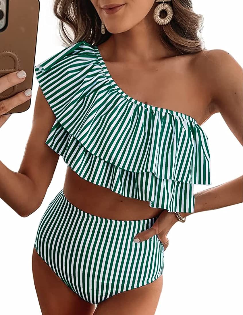 VIMPUNEC Ruffle One Shoulder Swimsuits for Women Cute High Waisted Two Piece Bathing Suits | Amazon (US)