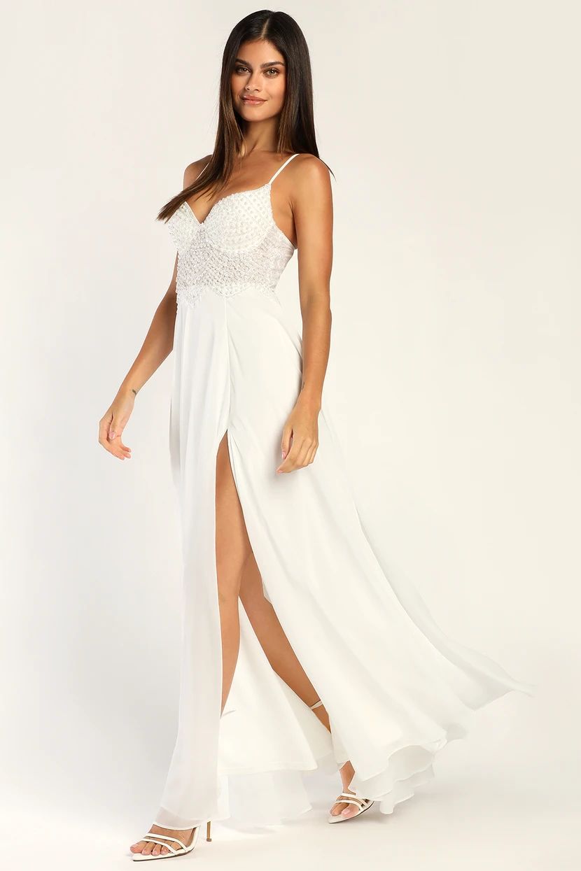 Forever Devoted White Beaded Pearl Chiffon Maxi Dress | Lulus (US)