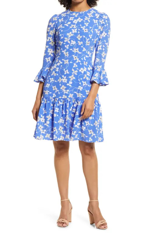 Eliza J Floral Print Flounce Dress in Blue at Nordstrom, Size 18 | Nordstrom