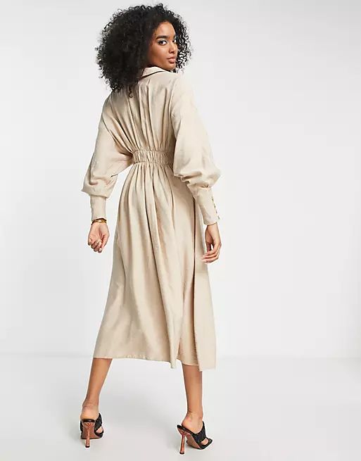 ASOS EDITION drape midi shirt dress with pleat waist detail in stone | ASOS (Global)