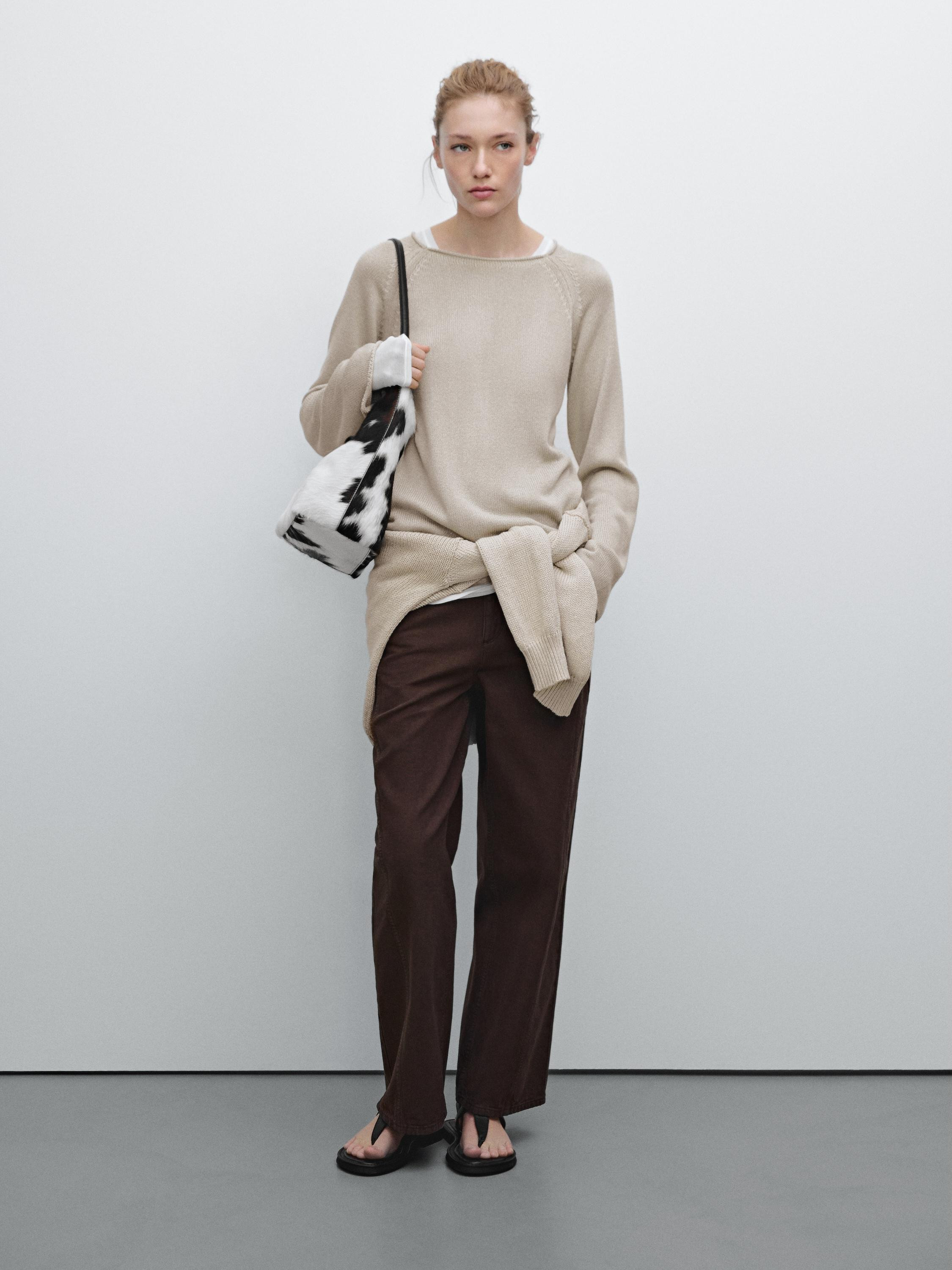 Purl-knit sweater. Boat neck. Long sleeves. Openwork fabric . This garment is shorter than usual.... | Massimo Dutti US