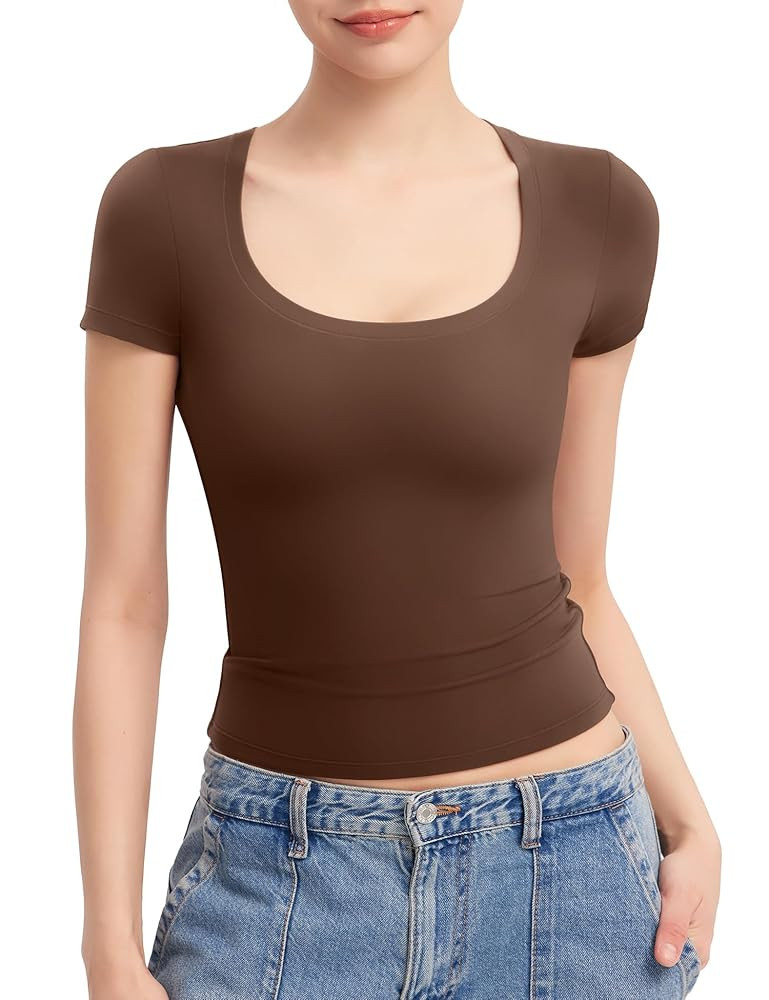 PUMIEY Women's T Shirts Short Sleeve Scoop Neck Basic Going Out Tops Fashion Slim Fit Tee Smoke C... | Amazon (US)