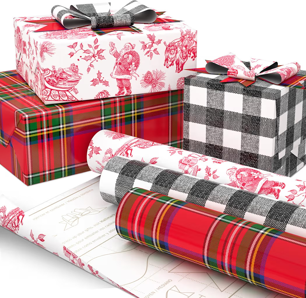 Hallmark Christmas Wrapping Paper Rolls, Holiday Plaid (3-Pack: 120 Sq. Ft. Ttl) Red Toile, Black... | Amazon (US)