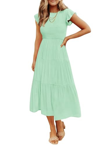 ZESICA Women's 2025 Summer Casual Flutter Short Sleeve Crew Neck Smocked Elastic Waist Tiered Midi Dress,Mint,Small | Amazon (US)