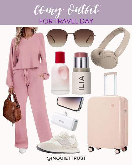 Here's a stylish all-pink comfy outfit in the airport: a sweatsuit set, neutral sneakers, luggage, and more!
#traveloutfit #outfitidea #vacationstyle #loungewear

#LTKshoecrush #LTKbeauty #LTKstyletip
