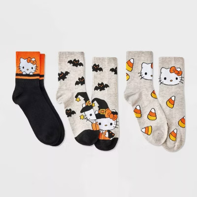 Women's Hello Kitty Halloween 3pk Mid Crews Socks - Oatmeal Heather/Black/Orange | Target