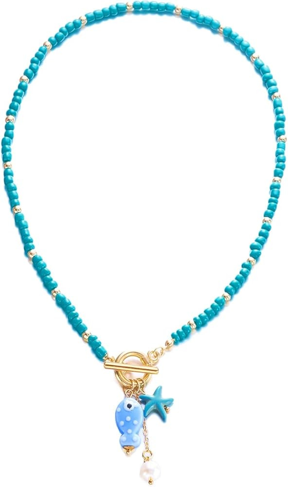 Starfish Fish Toggle Necklace Boho Colorful Pearl Beaded Necklace Summer Coastal Beachy Beach Haw... | Amazon (US)