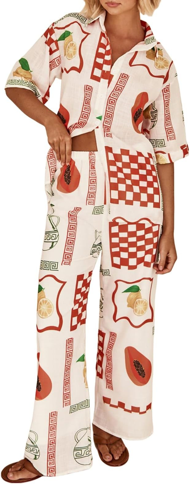 Women Fruit Graphic 2 Piece Outfit Short Sleeve Button Down Blouse Wide Leg Lounge Pants Set Summ... | Amazon (US)